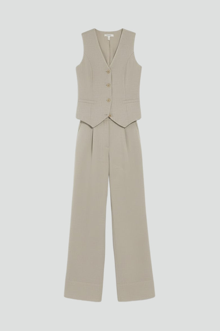 Γυναικείο σύνολο δύο τεμαχίων με γιλέκο με V-neck και παντελόνι με ψηλή μέση και φαρδιά πόδια | Σύνολο Smart Casual για γυναίκες