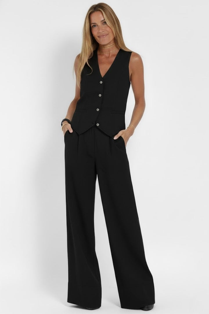 Γυναικείο σύνολο δύο τεμαχίων με γιλέκο με V-neck και παντελόνι με ψηλή μέση και φαρδιά πόδια | Σύνολο Smart Casual για γυναίκες
