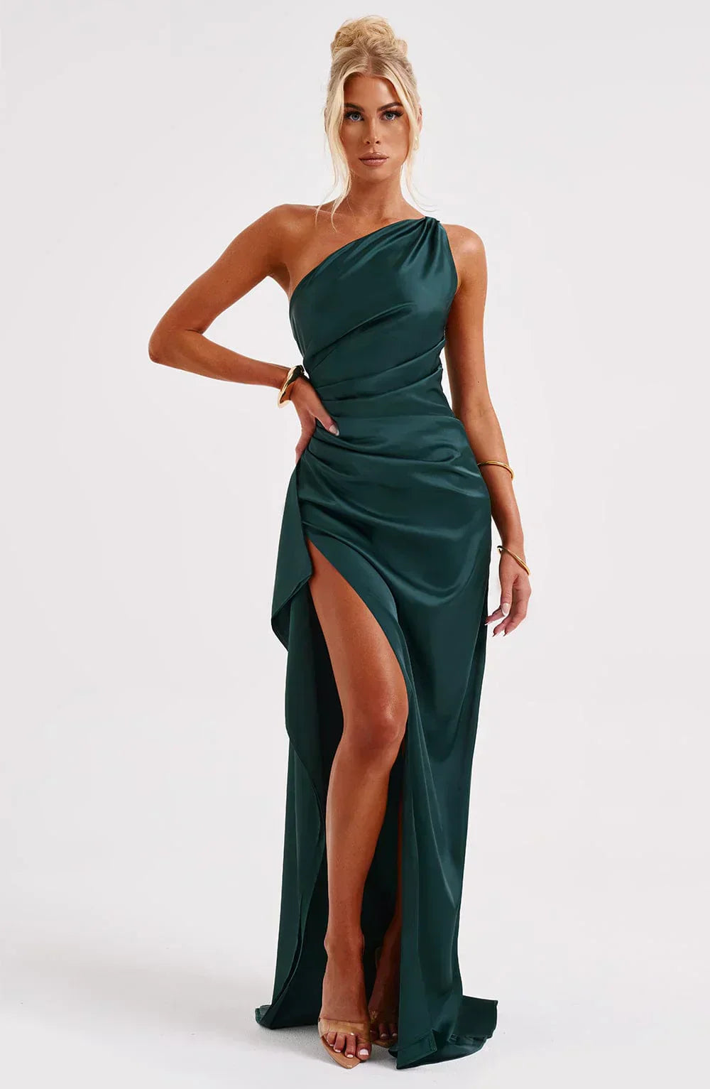 One Shoulder Formal Dress with High Slit - Draped Evening Gown for Wedding Guests and Special Occasions - Elegant Maxi Dress