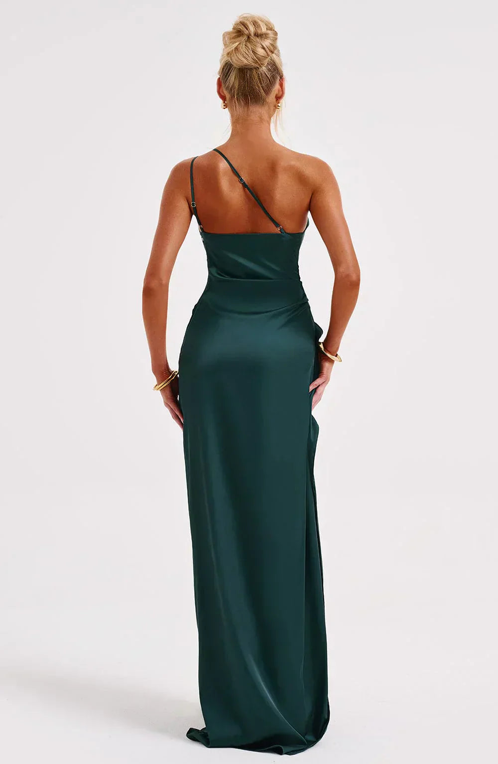 One Shoulder Formal Dress with High Slit - Draped Evening Gown for Wedding Guests and Special Occasions - Elegant Maxi Dress