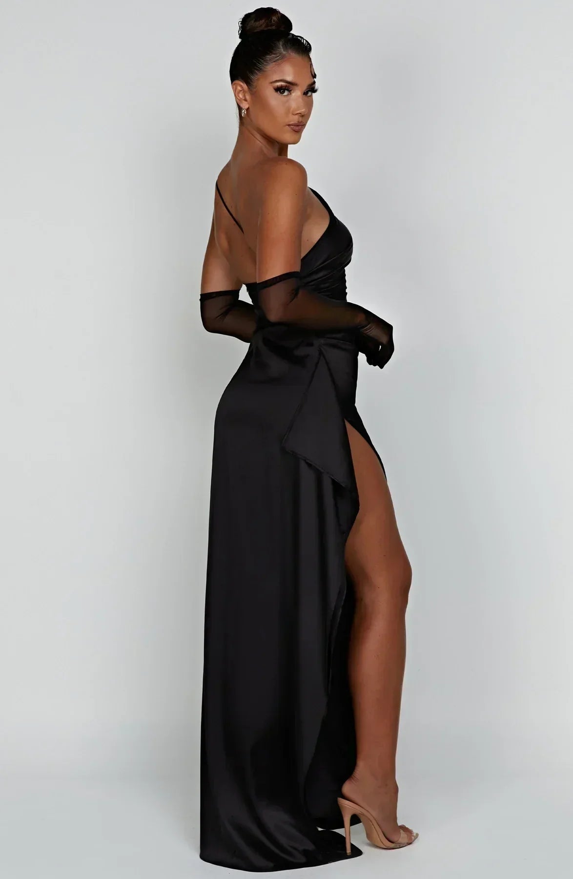 One Shoulder Formal Dress with High Slit - Draped Evening Gown for Wedding Guests and Special Occasions - Elegant Maxi Dress
