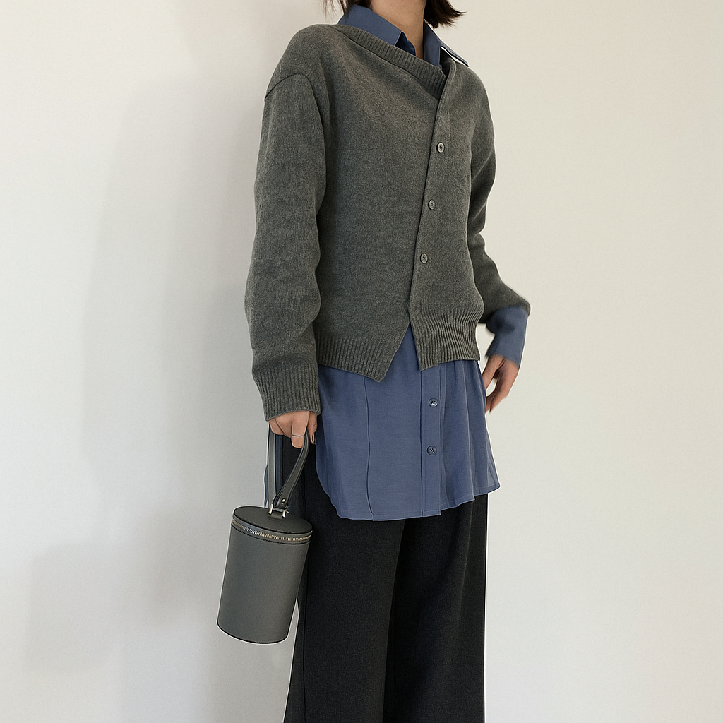 Wrap around sweater bgray with model