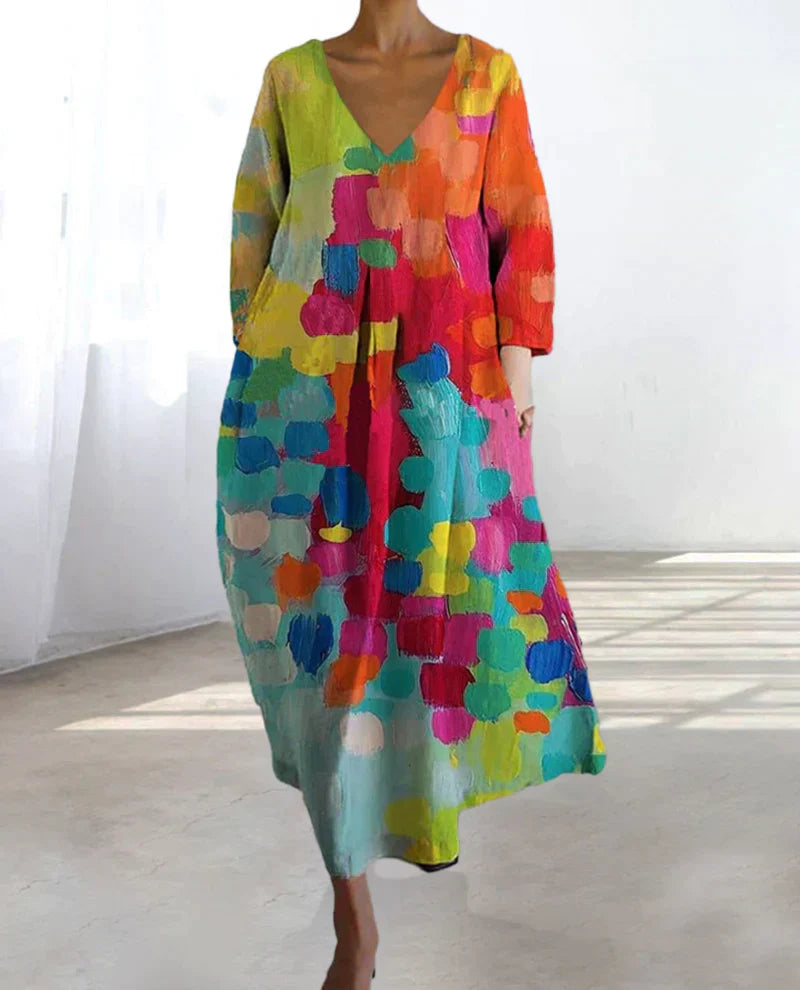 Tracey Women's Summer Dress - Airy Linen Dress with Colorful Pattern and Accentuating Cut