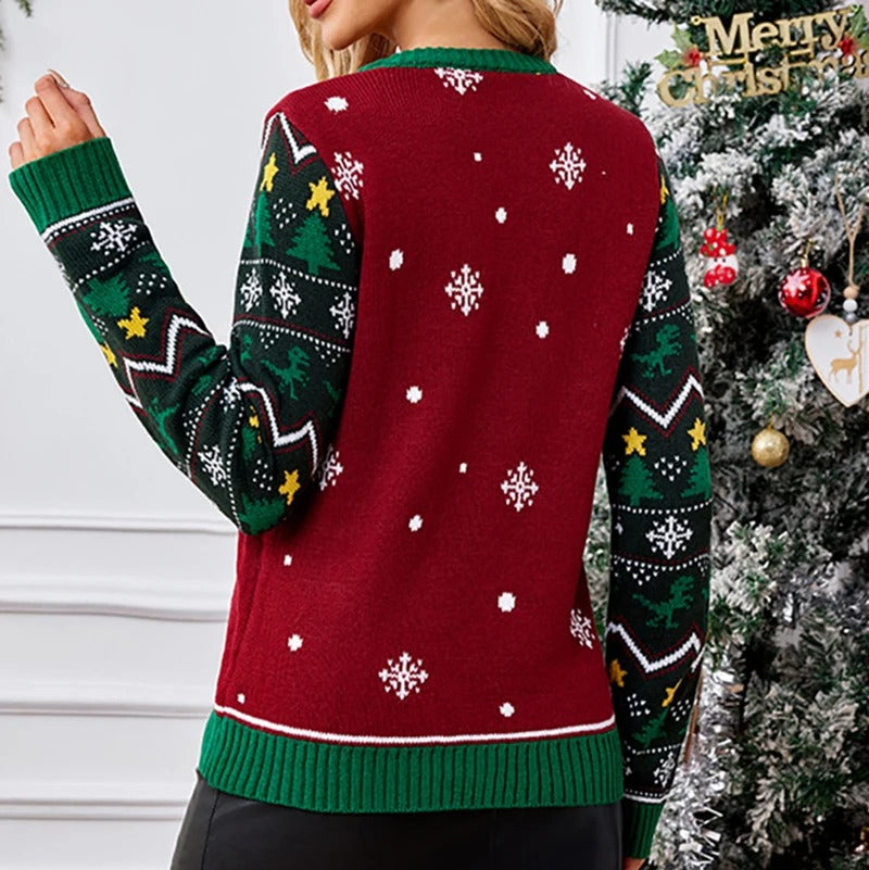 Jersey navideño de dinosaurios para mujer – Divertido jersey de punto rojo y verde con el mensaje «Mira, soy un Tree-Rex»