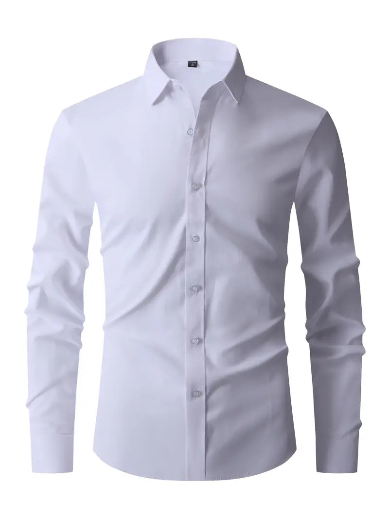 Camicia bianca da uomo elegante, maniche lunghe, colletto classico, bottoni frontali. Ideale per abbigliamento formale e ufficio.