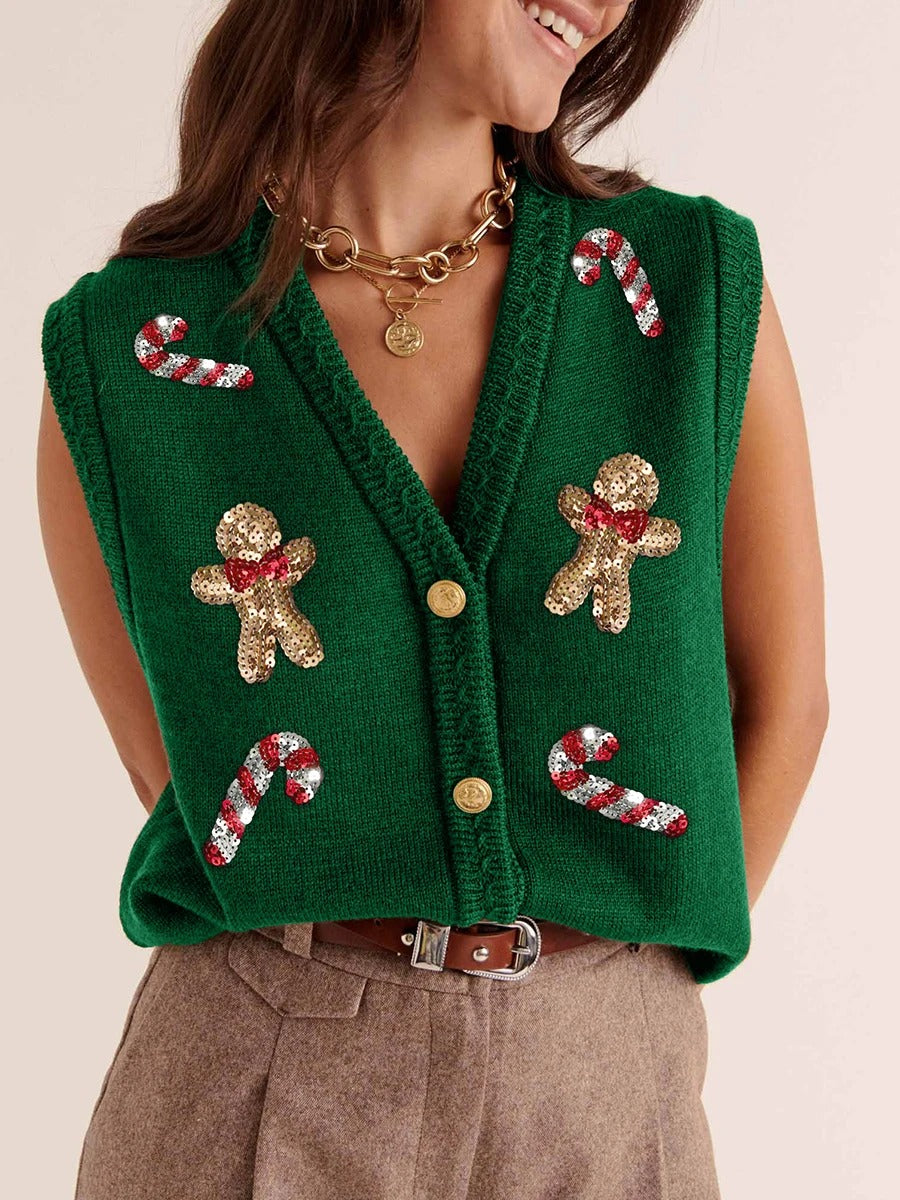 Gilet de Noël pour femme – Cardigan festif à boutons, orné de paillettes représentant des bonhommes en pain d'épices et des cannes à sucre