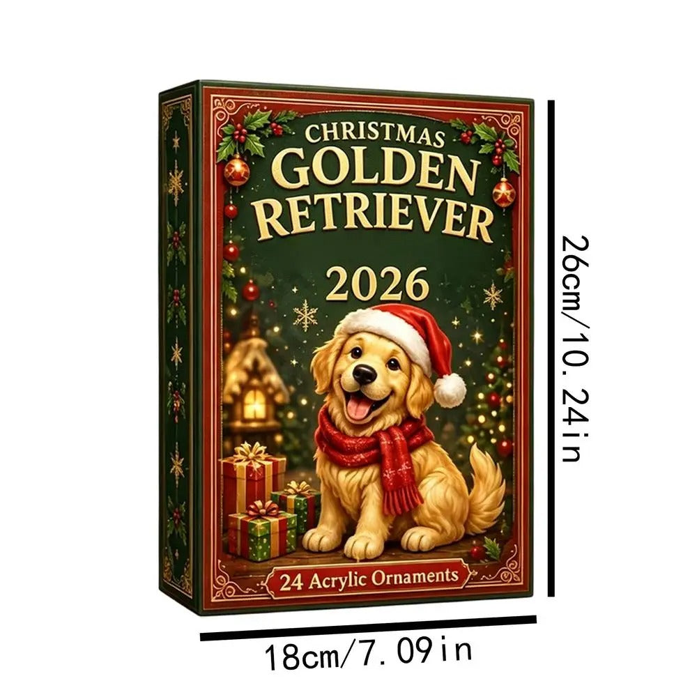 Calendar de Advent pentru Crăciun 2026 – Pandantiv drăguț cu un Golden Retriever american – Calendar cu numărătoare inversă de 24 de zile – Pandantiv cu un câine în formă de brad de Crăciun 2D