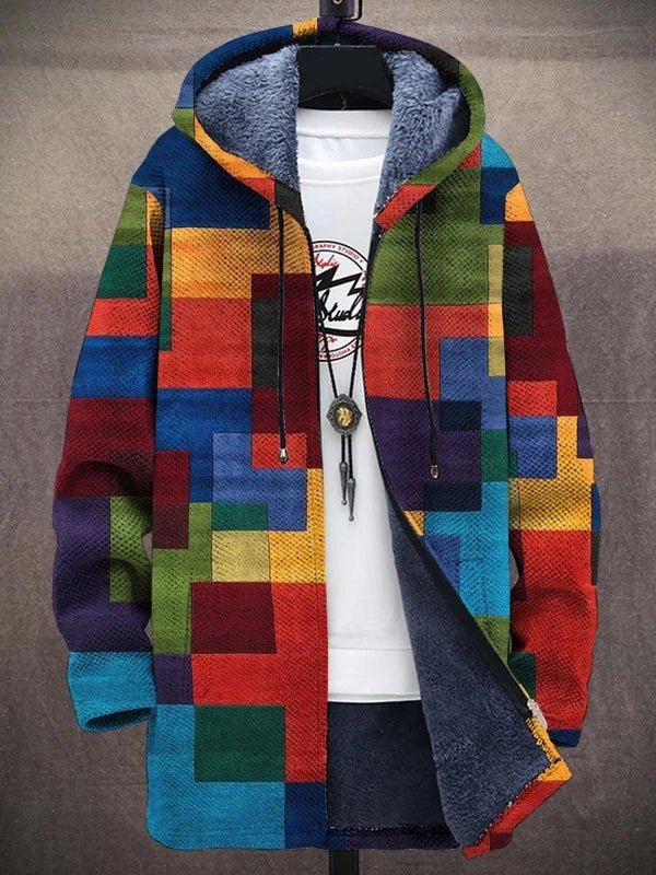 Męski kardigan z kapturem z polaru – kurtka z pełnym zamkiem błyskawicznym w stylu „colorblock”, z ciepłą polarową podszewką i regulowanym kapturem
