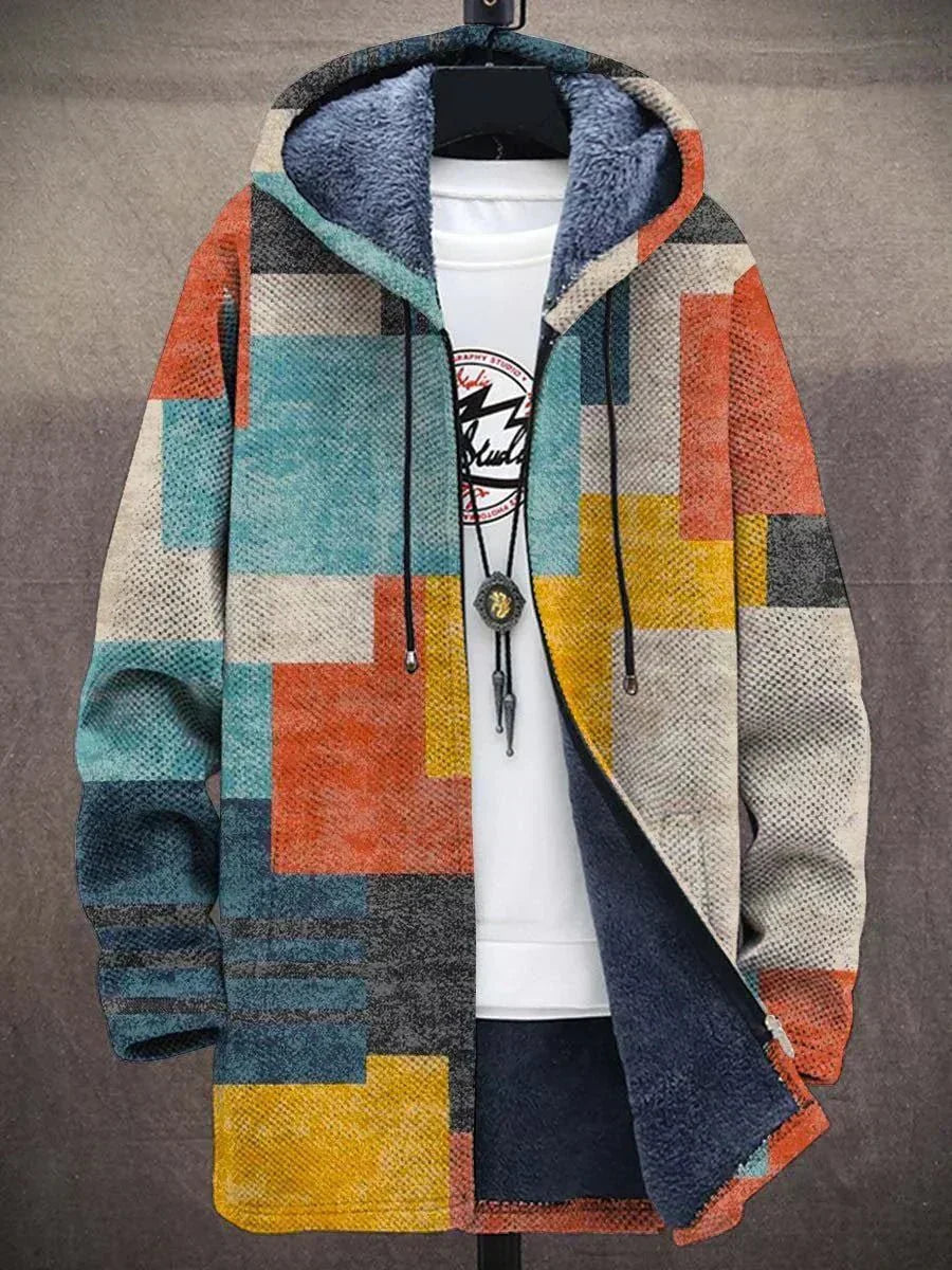 Męski kardigan z kapturem z polaru – kurtka z pełnym zamkiem błyskawicznym w stylu „colorblock”, z ciepłą polarową podszewką i regulowanym kapturem