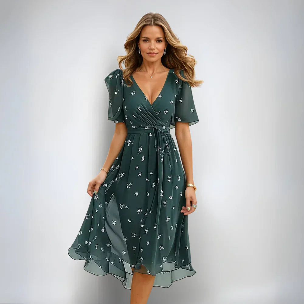 Women's V-Neck Midi Summer Dress - Short Sleeve Casual Day Dress for Work and Social Events - Versatile Lightweight Fit