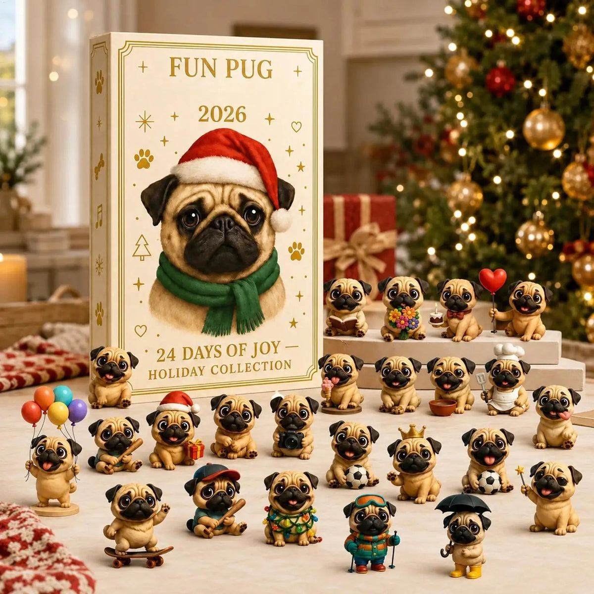 Mops-julekalender 2026 – 24 dage – mini-hundefigurer – adventskalender – festlig dekoration – festartikler – julesokker – kontor – bord – stue