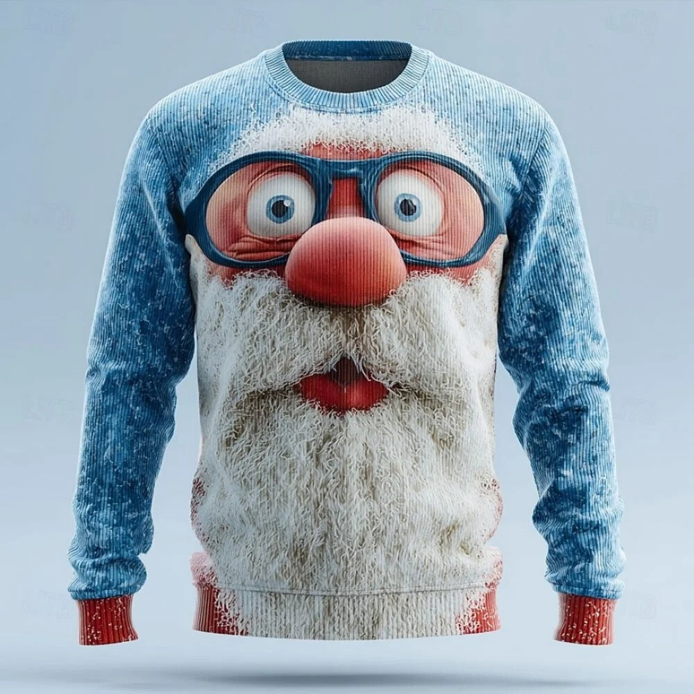 Pull de Noël pour homme – Pull en maille duveteuse à manches longues avec visage du Père Noël en 3D