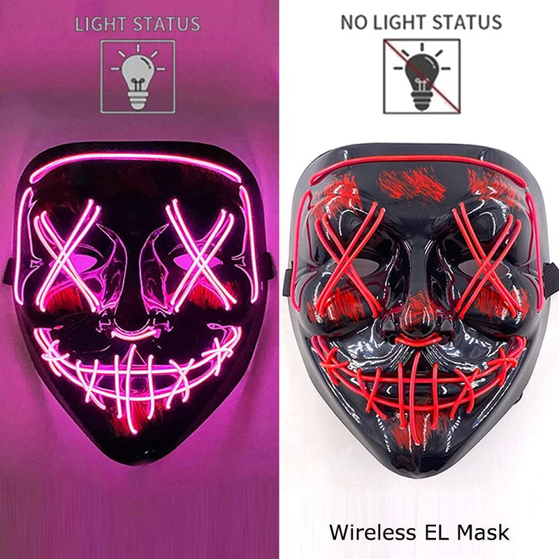 Bezdrátová neonová LED maska na pročištění – maska na Halloween a cosplay, která svítí ve tmě