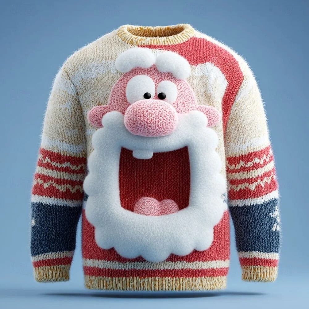 Pull de Noël pour homme – Pull en maille duveteuse à manches longues avec visage du Père Noël en 3D