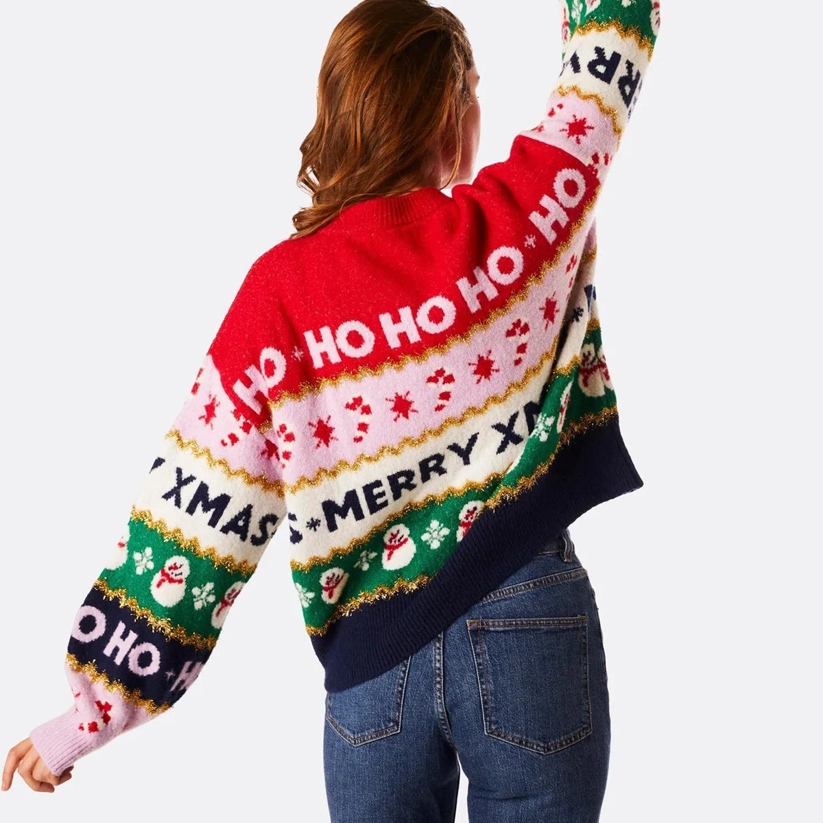 Dámský vánoční pletený svetr – barevný svetr s nápisem „Ho Ho Ho“ a sněhovou vločkou a přáním „Merry Christmas“