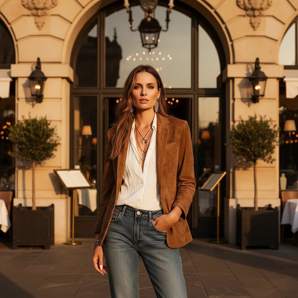 Button-Down Suede Blazer for Women