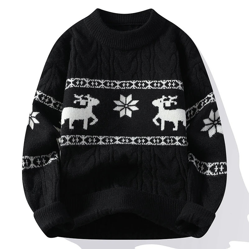 Julesweater til mænd – Vintertrøje i fletmønster med rensdyr og snefnug
