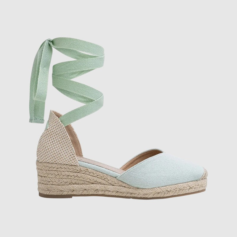 Ortopædiske espadrille-sandaler med kilehæl til kvinder | Behagelige lærredssko med lav hæl, lange ankelbånd og skridsikker sål