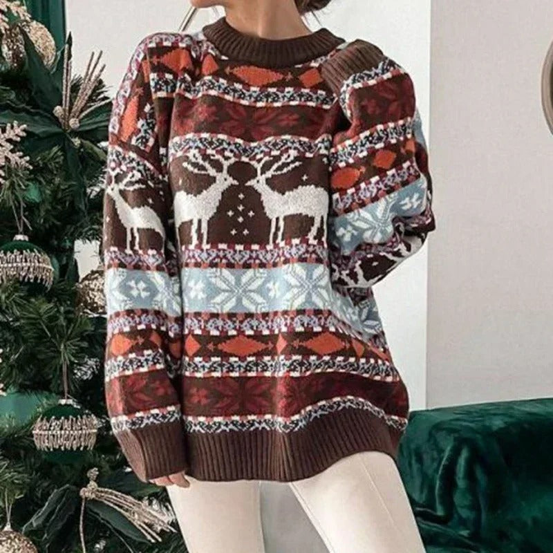 Γυναικείο χριστουγεννιάτικο πουλόβερ σε oversized στυλ – Πουλόβερ με χοντρό πλέξιμο και σκανδιναβικό γεωμετρικό μοτίβο Y2K