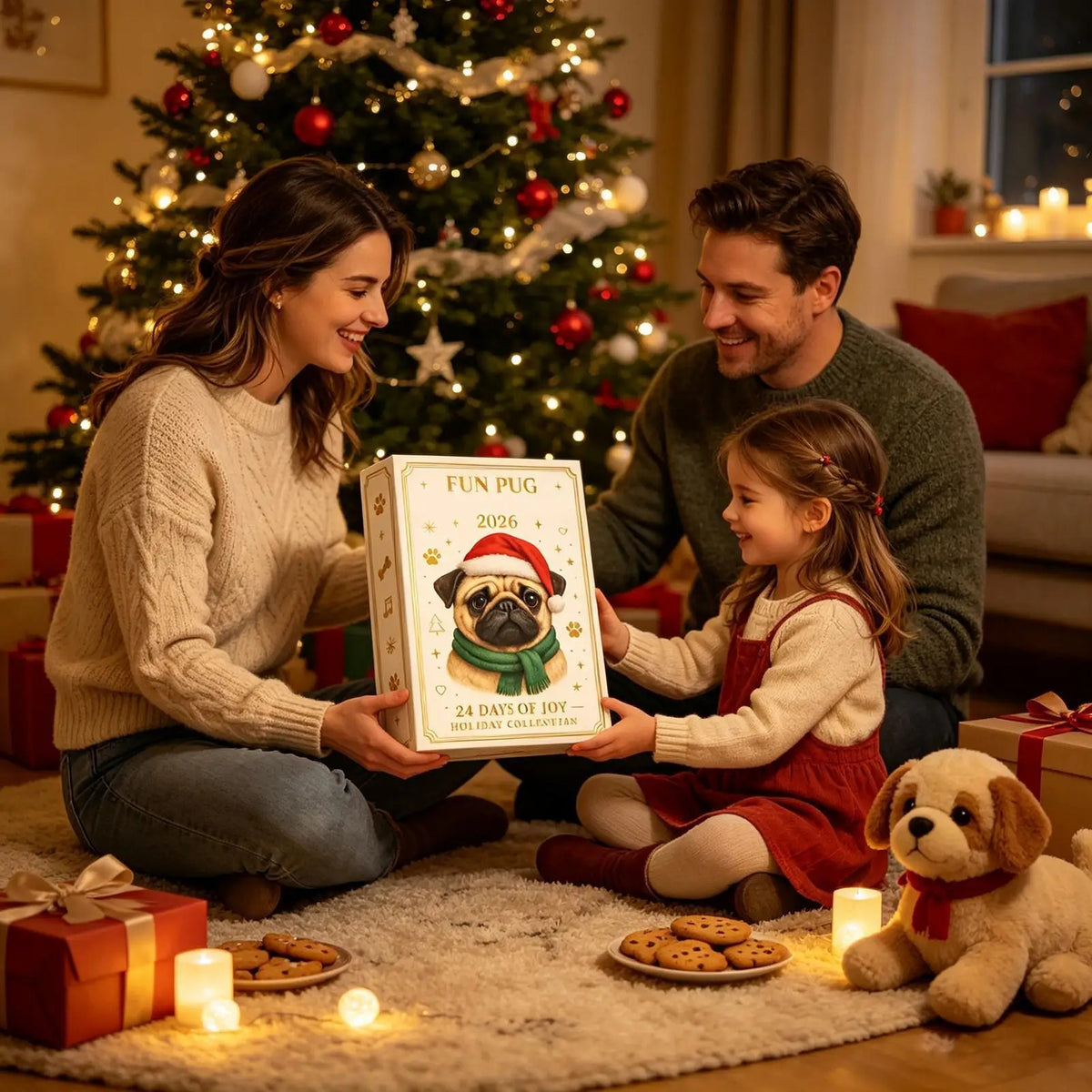 Mops-julekalender 2026 – 24 dage – mini-hundefigurer – adventskalender – festlig dekoration – festartikler – julesokker – kontor – bord – stue