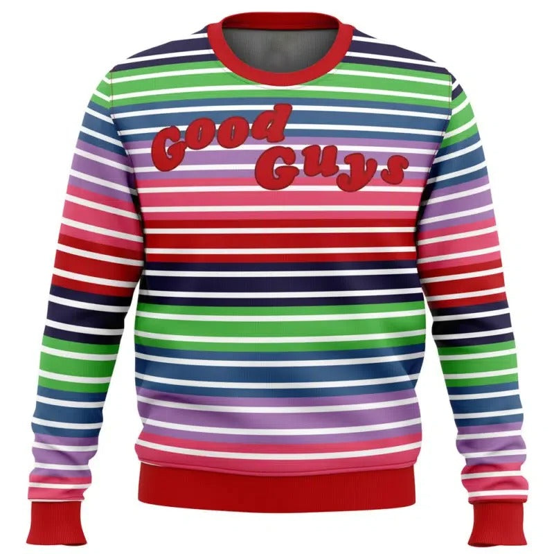 Good Guys Graphic Christmas Sweatshirt – Colorful Striped Long Sleeve Pullover