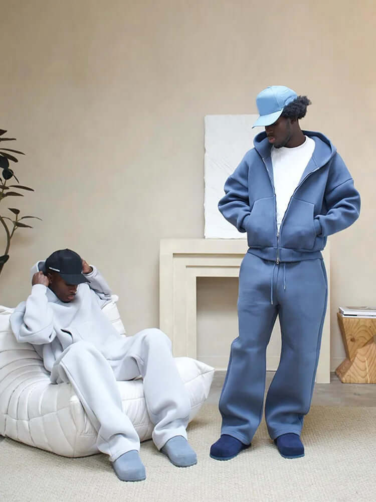 Męski zestaw dresowy w stylu oversize – bluza z kapturem o luźnym kroju i zamkiem na całej długości oraz spodnie o prostym kroju – 2-częściowy, codzienny zestaw dresowy dla mężczyzn