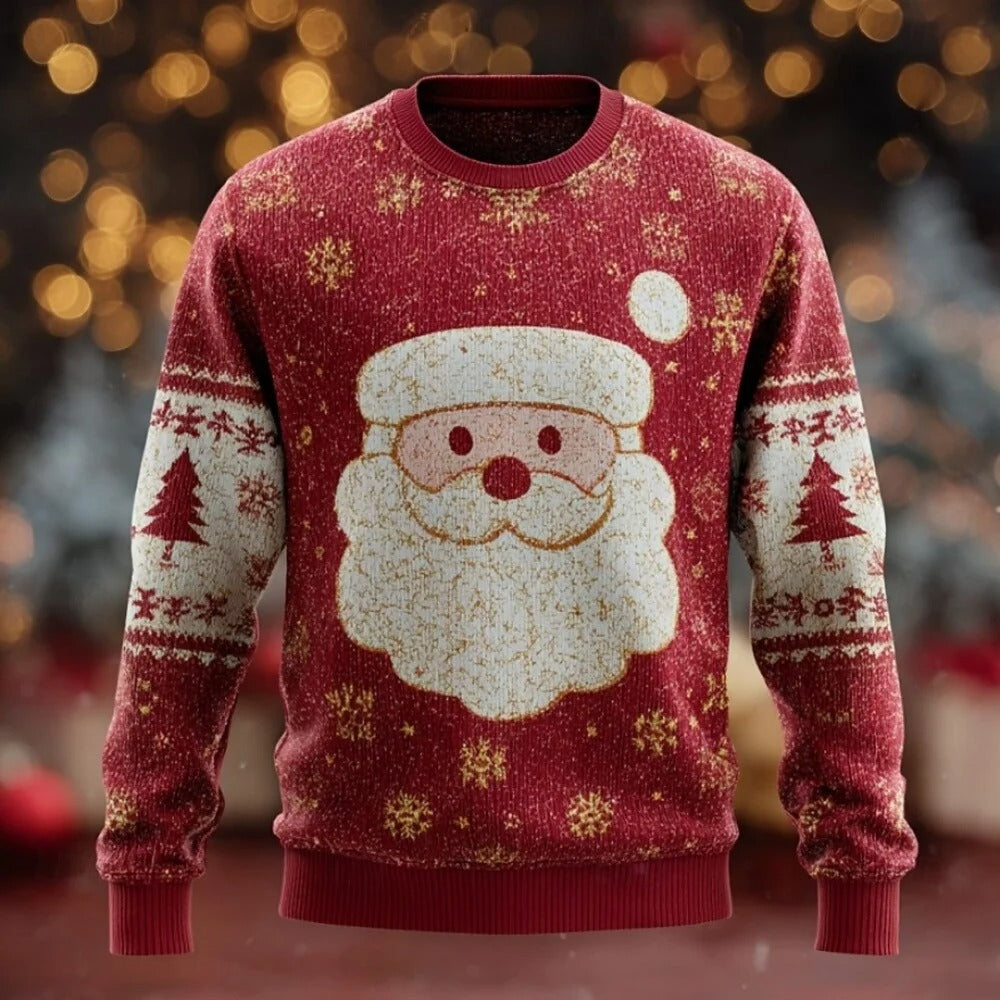 Pull de Noël pour homme – Pull en maille duveteuse à manches longues avec visage du Père Noël en 3D