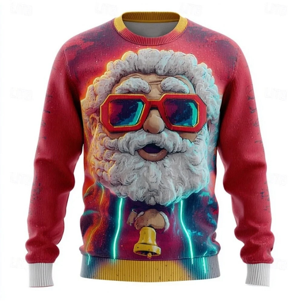 Pull de Noël pour homme – Pull en maille duveteuse à manches longues avec visage du Père Noël en 3D