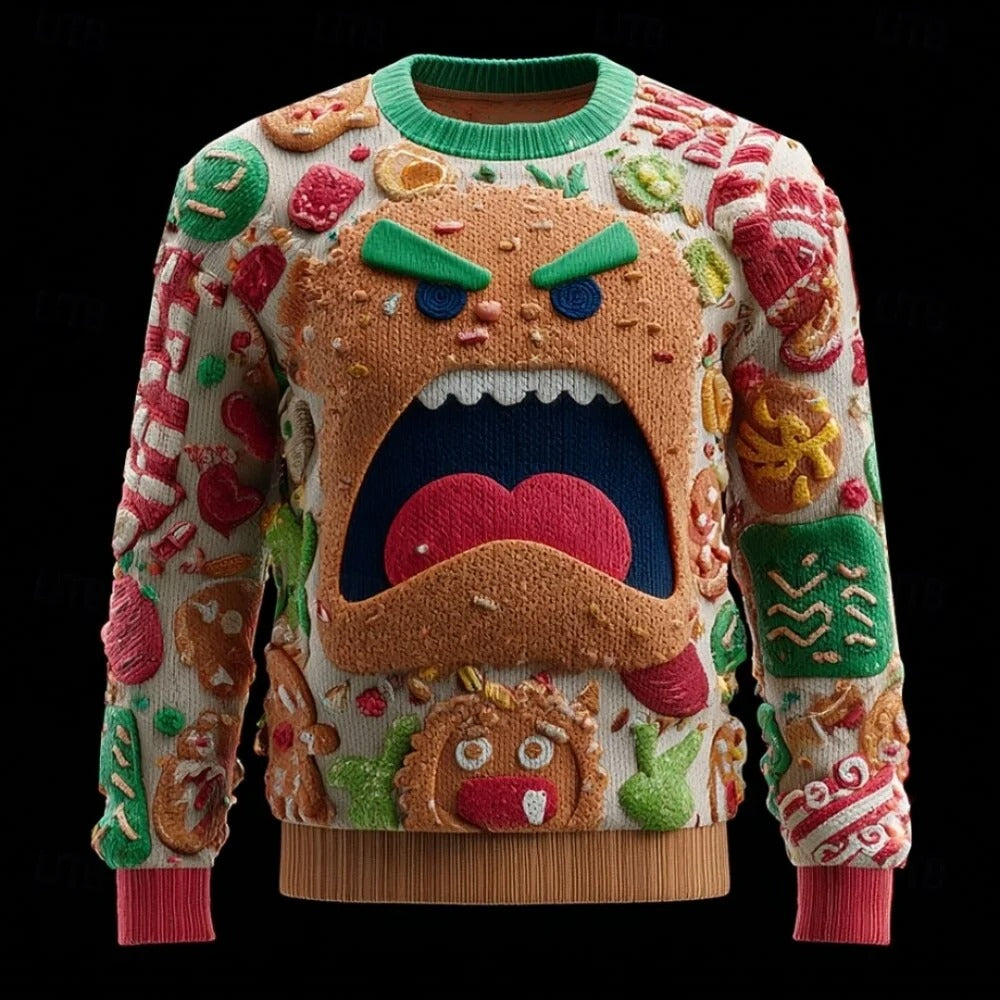 Pull de Noël pour homme – Pull en maille duveteuse à manches longues avec visage du Père Noël en 3D