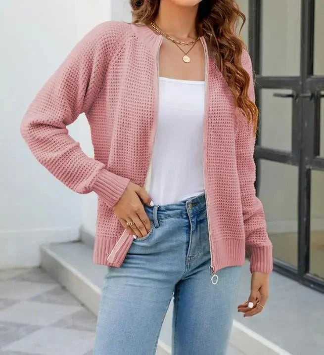 Damen Strickjacke Reißverschluss Rundhals Langarm Einfarbig - Image 3