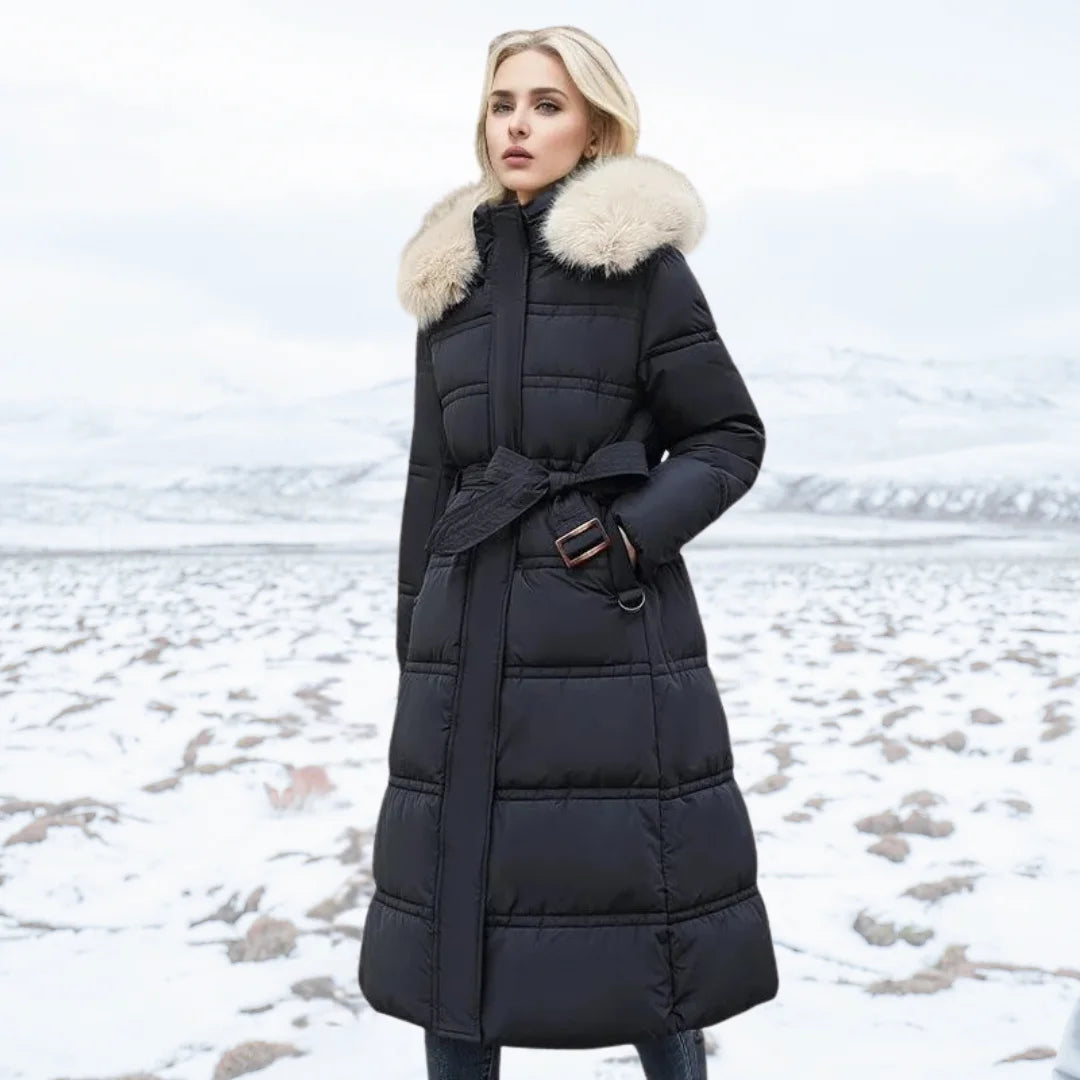 Designer winter parka with fur hood in Black and White