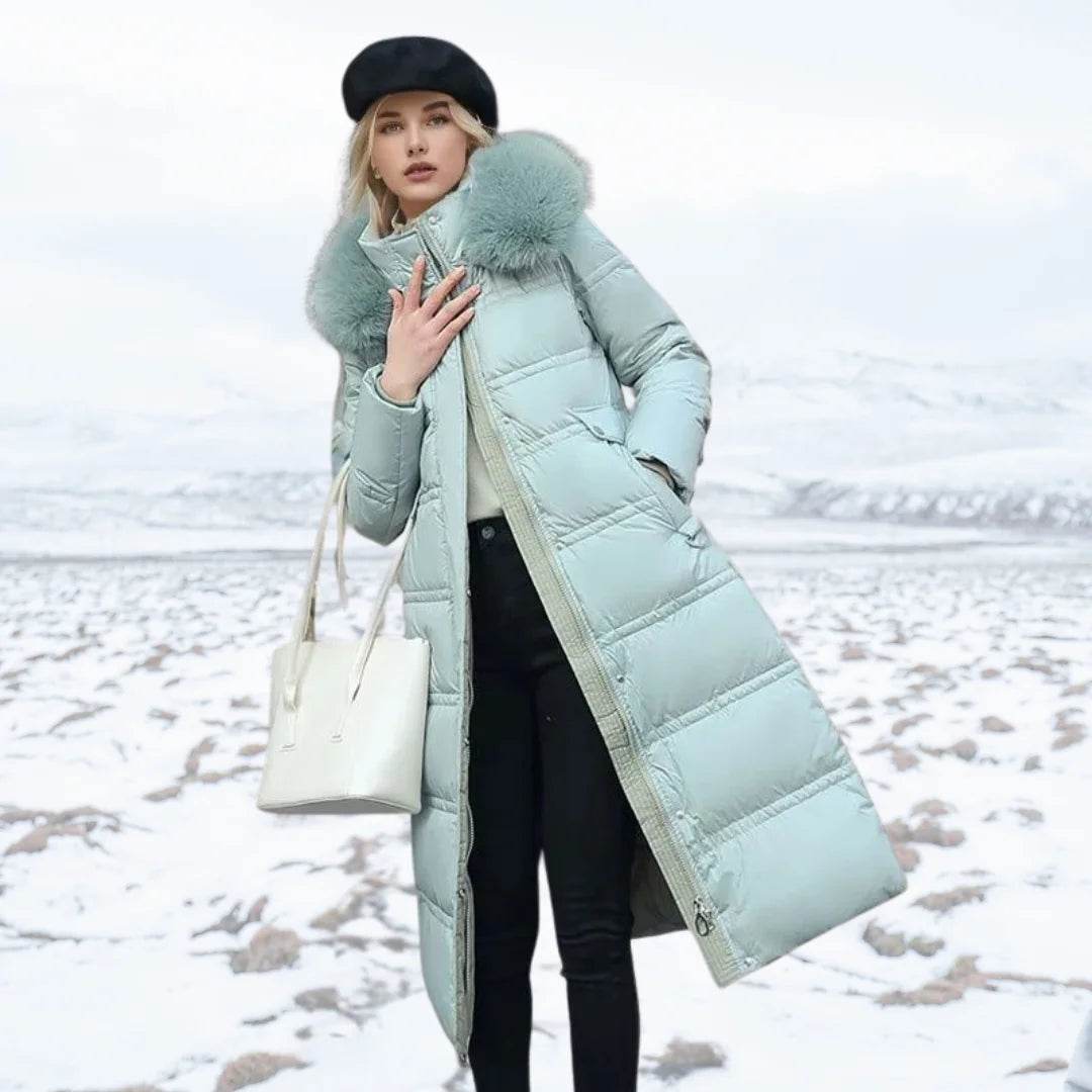Designer winter parka with fur hood in Blue