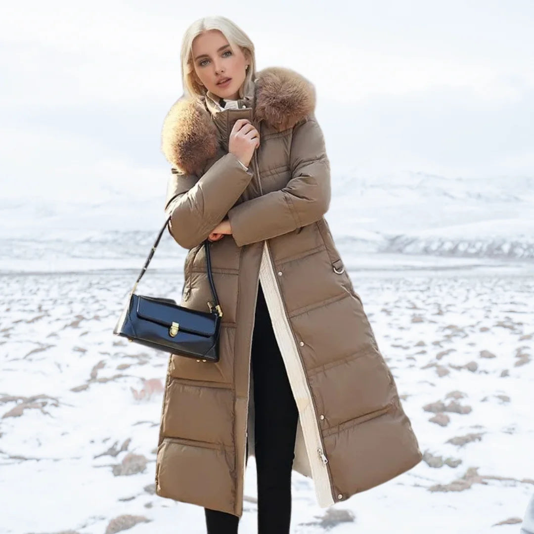Designer winter parka with fur hood in Brown