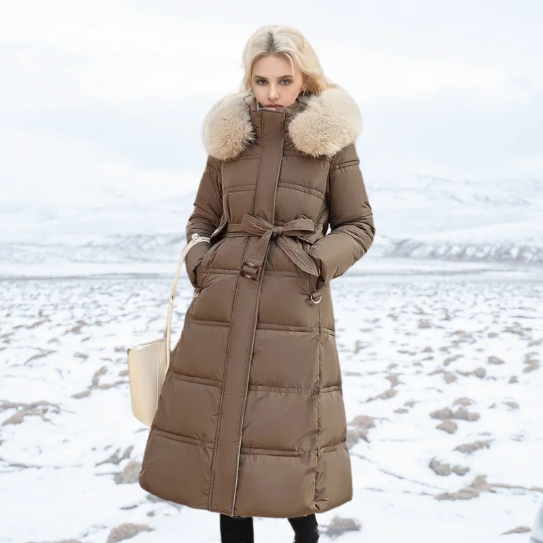 Designer winter parka with fur hood in Brown and Beige