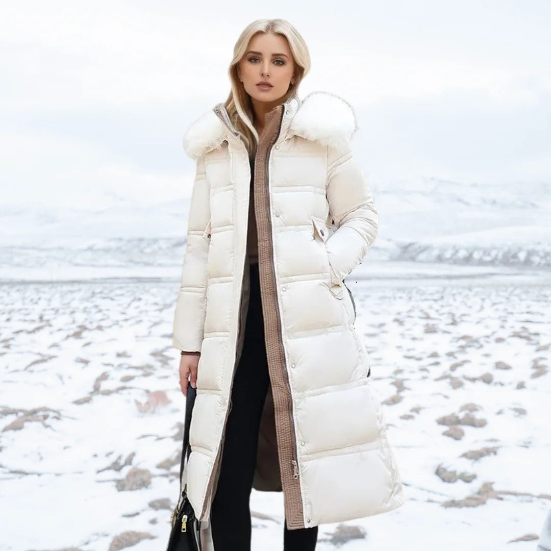 Designer winter parka with fur hood in White