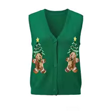 Gilet de Noël pour femme – Cardigan festif à boutons, orné de paillettes représentant des bonhommes en pain d'épices et des cannes à sucre