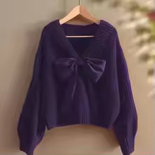Pull en maille à col en V pour femme avec grand nœud – Pull élégant à manches chauve-souris