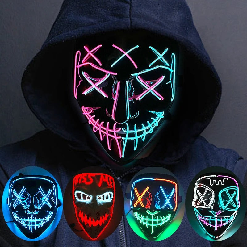 Bezdrátová neonová LED maska na pročištění – maska na Halloween a cosplay, která svítí ve tmě