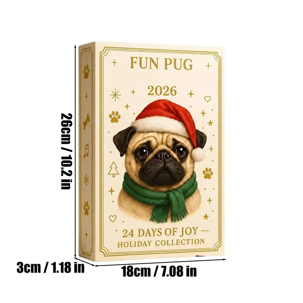 Mops-julekalender 2026 – 24 dage – mini-hundefigurer – adventskalender – festlig dekoration – festartikler – julesokker – kontor – bord – stue