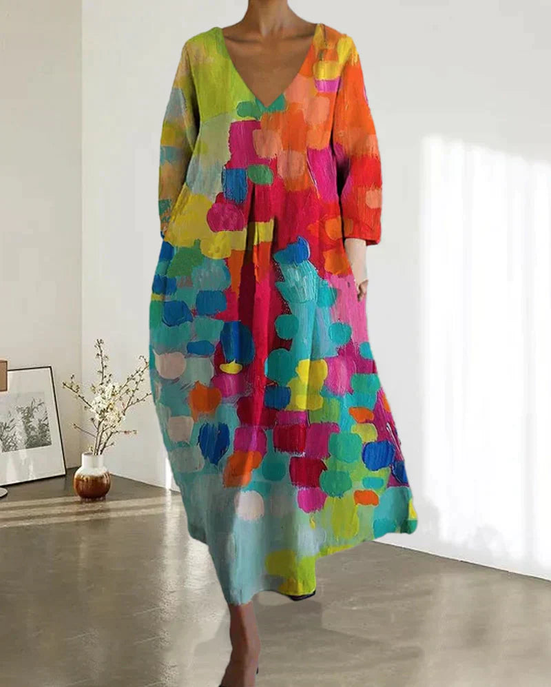 Tracey Women's Summer Dress - Airy Linen Dress with Colorful Pattern and Accentuating Cut
