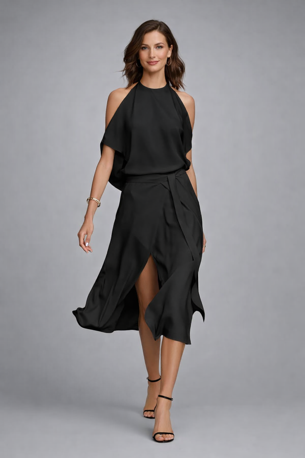 Vestido midi de mujer con hombros al descubierto | Vestido de cuello halter de mezcla de algodón resistente a las arrugas, ideal para bodas de verano y eventos formales