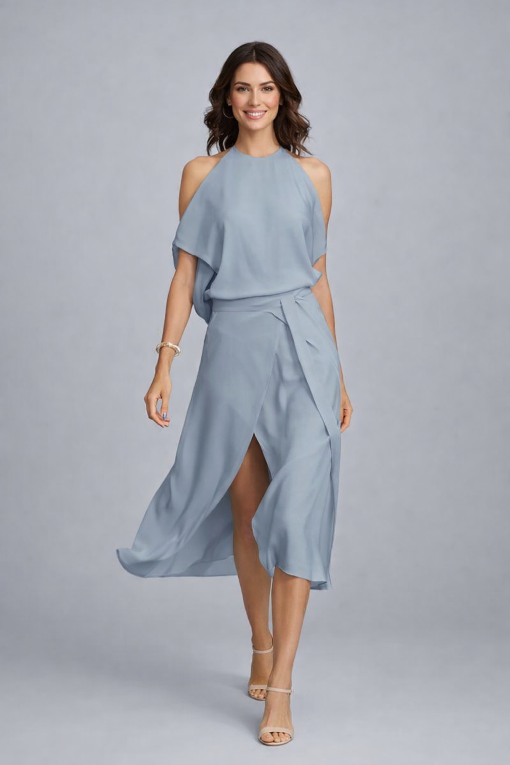 Vestido midi de mujer con hombros al descubierto | Vestido de cuello halter de mezcla de algodón resistente a las arrugas, ideal para bodas de verano y eventos formales