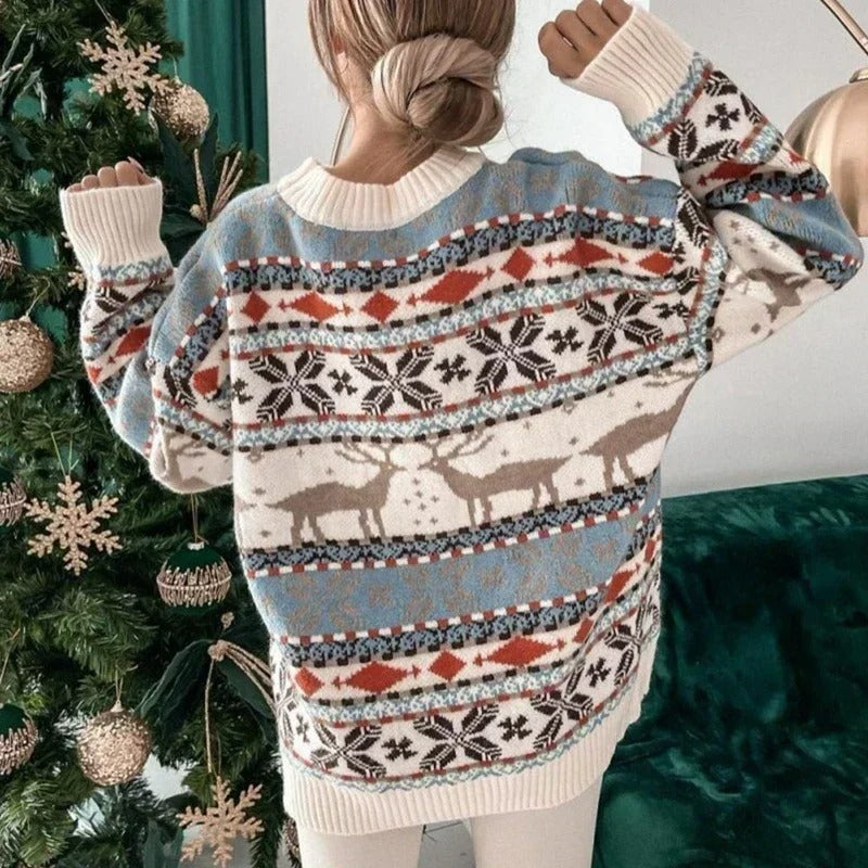 Γυναικείο χριστουγεννιάτικο πουλόβερ σε oversized στυλ – Πουλόβερ με χοντρό πλέξιμο και σκανδιναβικό γεωμετρικό μοτίβο Y2K