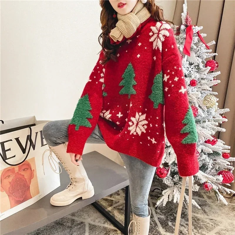 Women's Christmas Sweater – Red Tree and Snowflake Pattern Oversized Knit Pullover