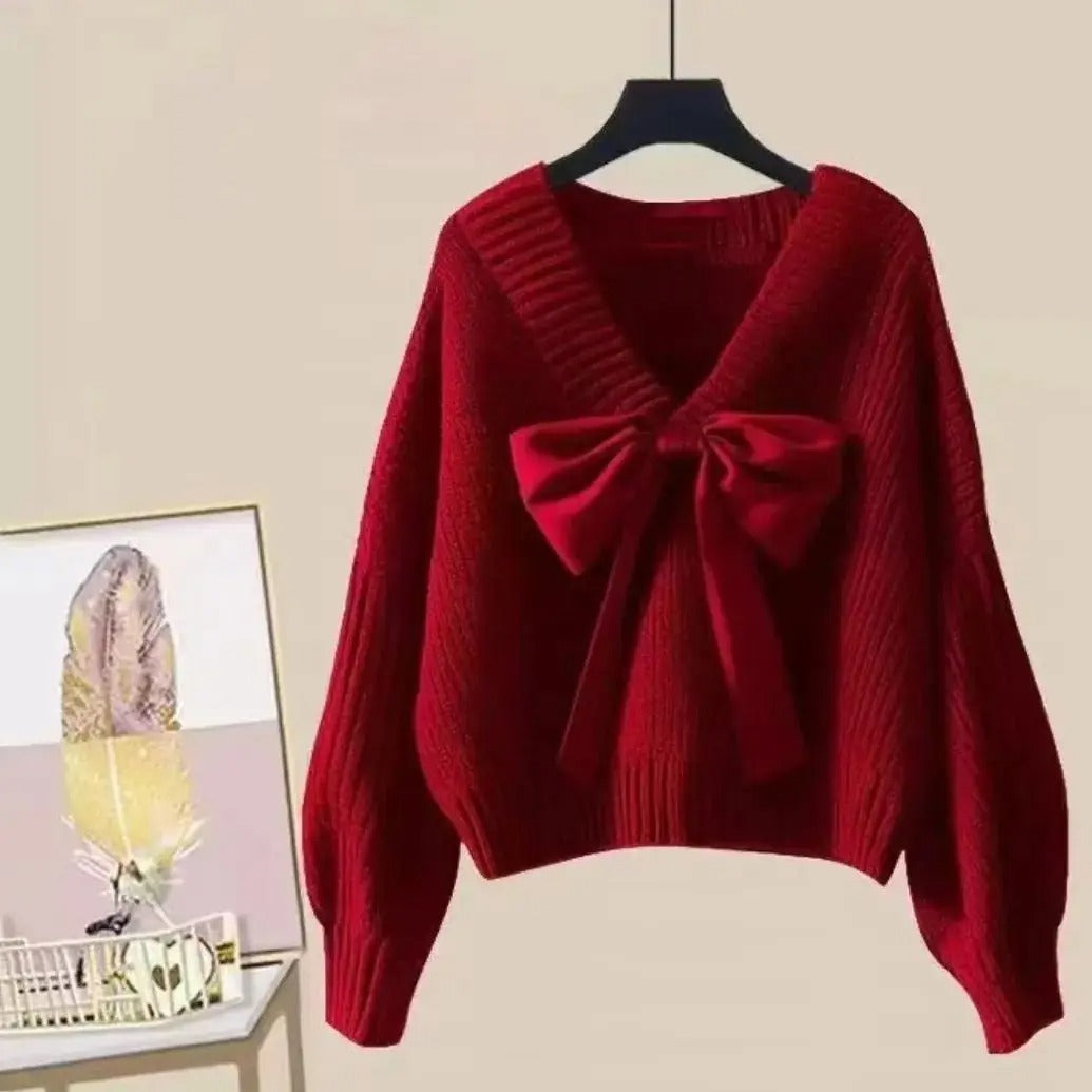 Pull en maille à col en V pour femme avec grand nœud – Pull élégant à manches chauve-souris