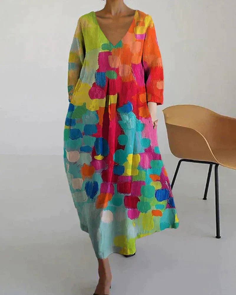 Tracey Women's Summer Dress - Airy Linen Dress with Colorful Pattern and Accentuating Cut