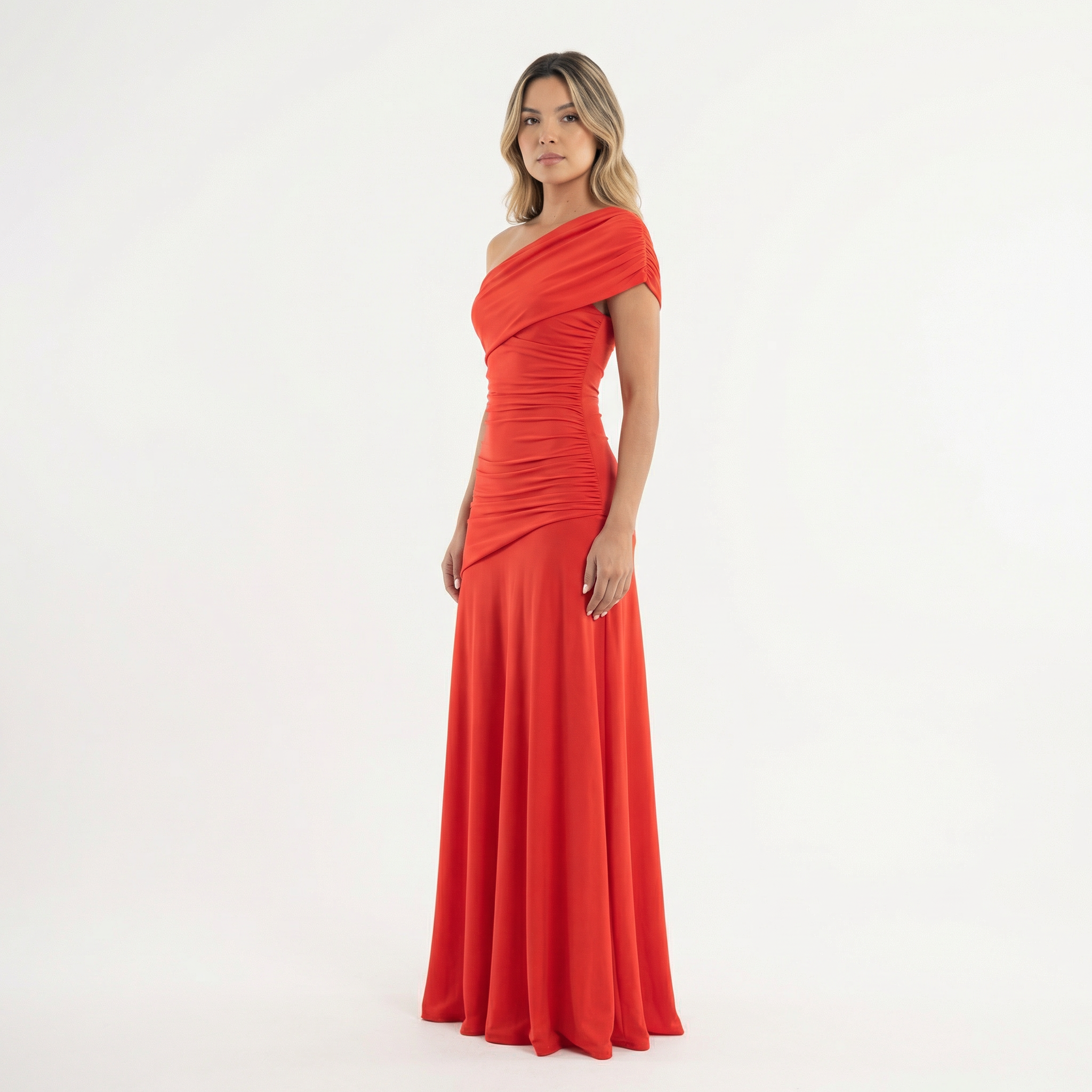 Women's Asymmetric Neck Midi Party Dress with Pleated Tulle Splice Skirt and Open Back Tube Top - Structured Occasion Wear