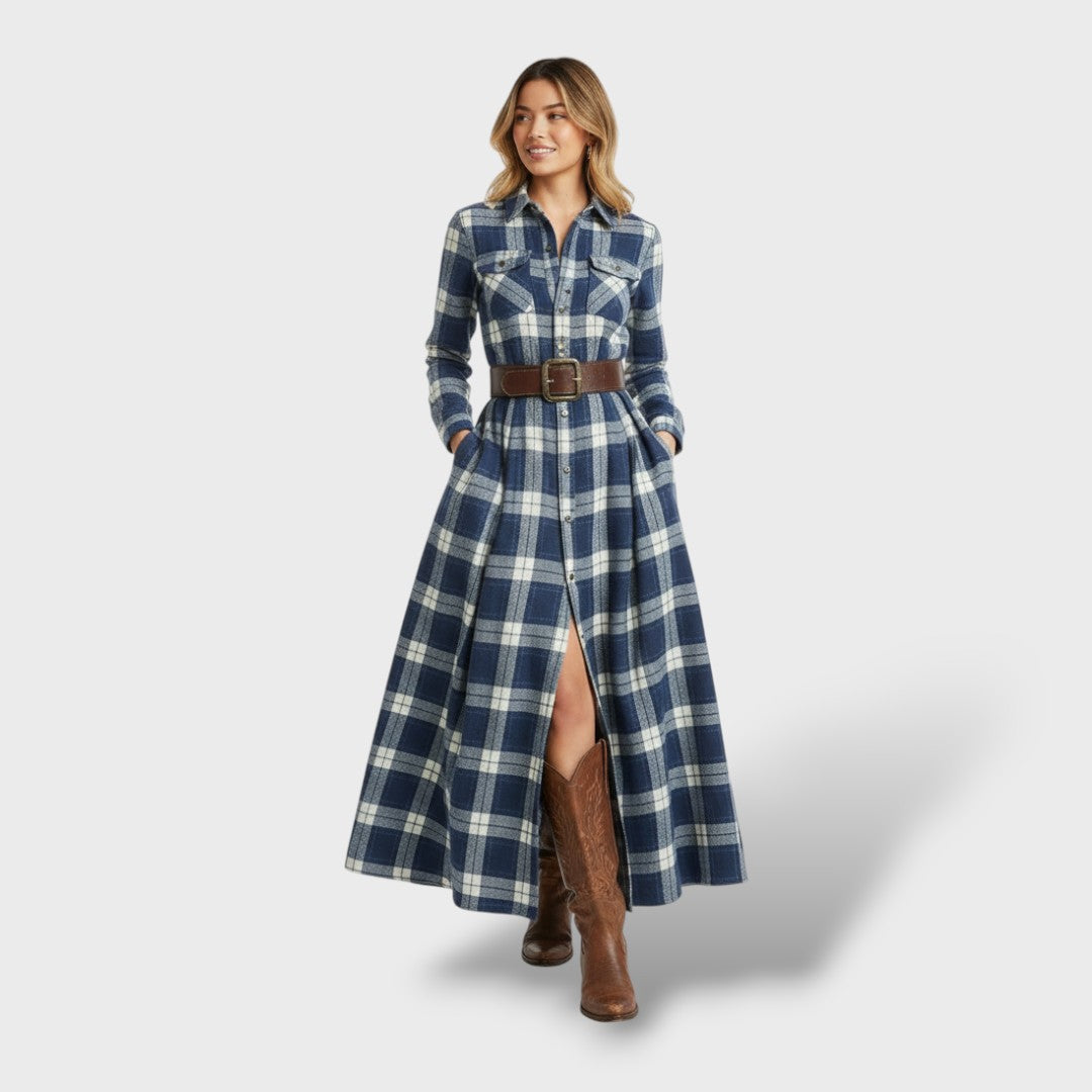 Vestido camisero a cuadros para mujer | Vestido informal de manga larga a cuadros con bolsillos | Vestido camisero midi de corte holgado para otoño
