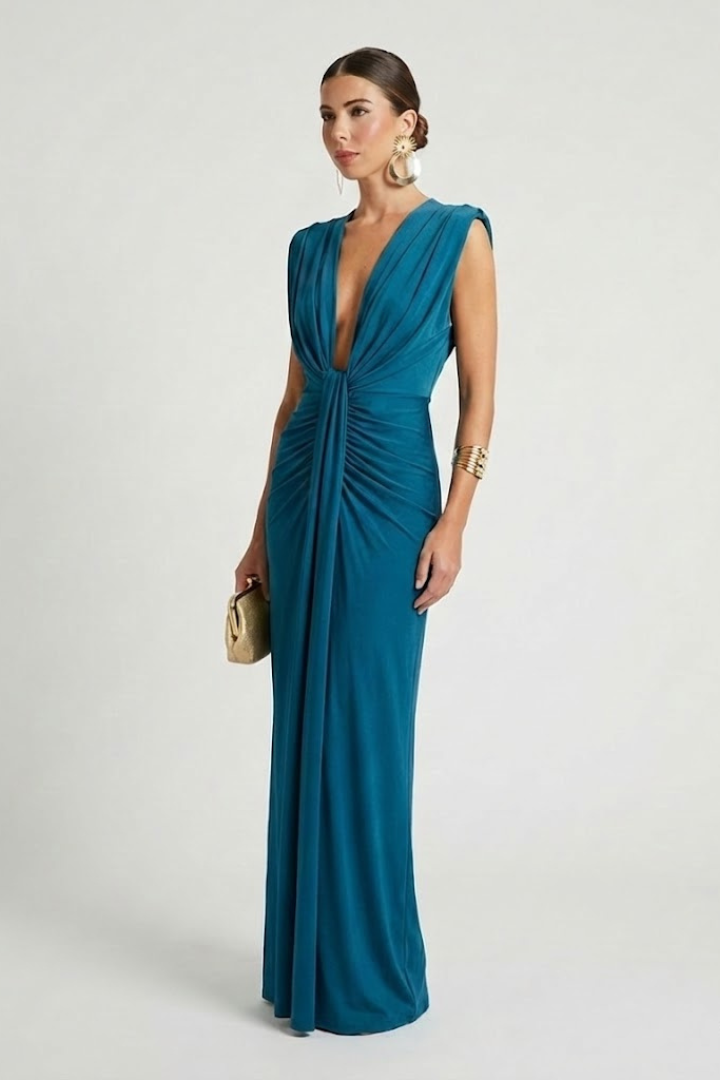 Abito lungo senza maniche a pieghe da donna | Abito da sera con scollo a V profondo e lunghezza a terra | Abito da cerimonia con trama particolare per eventi speciali