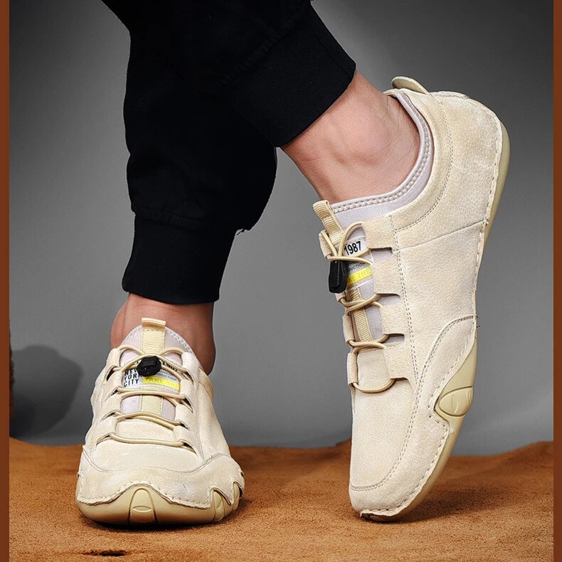 Heren Loafers Slip-on met Trekkoord en Gestructureerde Neus Beige